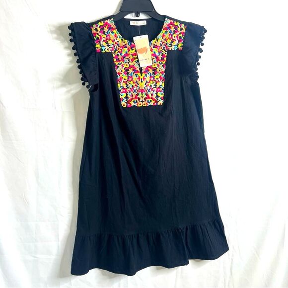 KIRUNDO NEW Women’s Boho Embroidered Black tunic Dress sleeveless summer  Sz S - Picture 3 of 6
